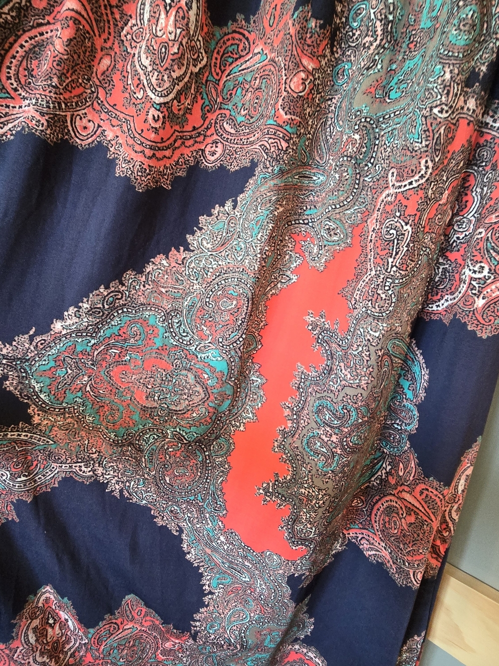 Navy Paisley Maxi Dress with Coral and Teal Accents - Picture 3 of 5